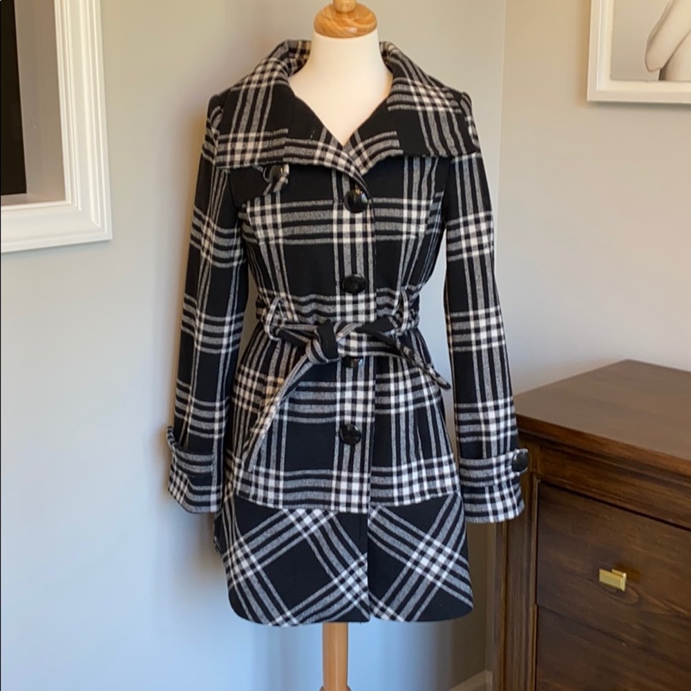 Express Black & White Plaid Wool Blend Pea Coat